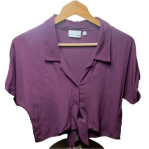 Wilfred Free Front Tie Blouse Top, Burgundy, Short Sleeve, Size S